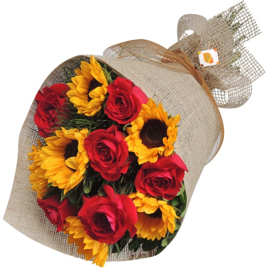 Bouquet Rosas Vermelhas &amp; Girassol | 12 flores