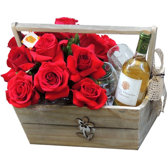 Cesta de rosas colombianas | Vinho Branco Chileno + 2 Taças