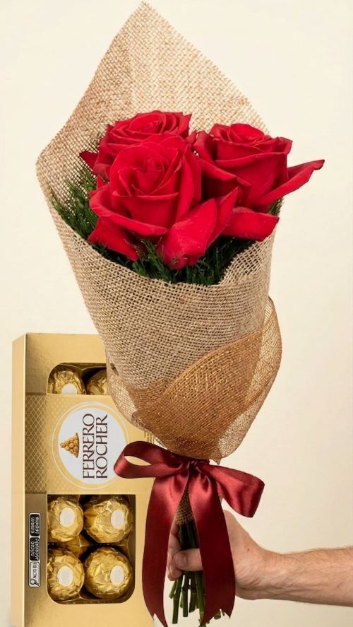 Buquê 3 rosas colombianas e Ferrero 100g